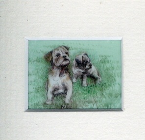 40 Bulldog Puppies up to Mischief by Meg Edgecombe - Watercolour on Polymin